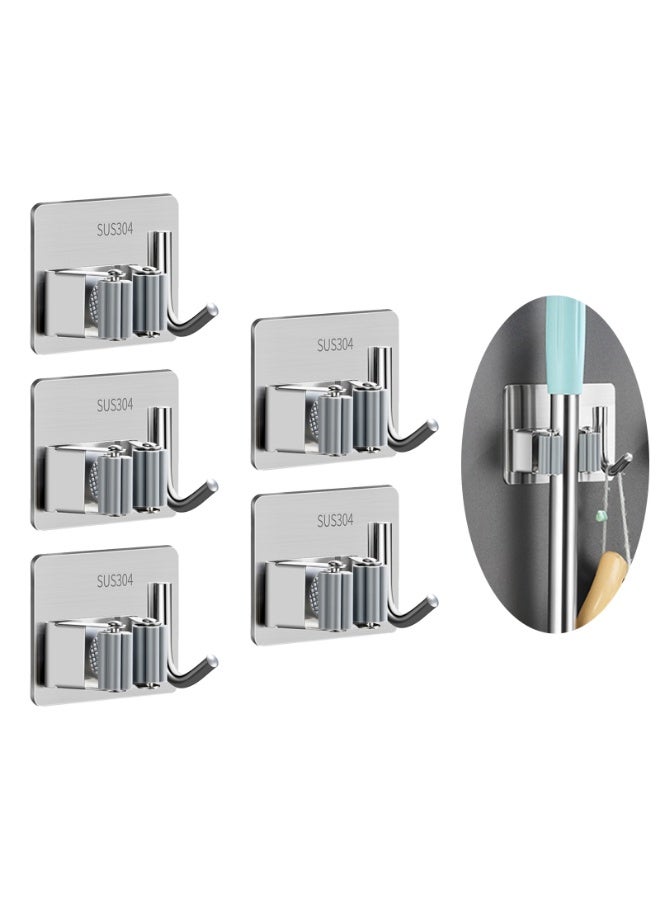 Stainless Steel Adhesive Mop Holder, Bathroom Wall Mounted Broom, Mop Cloth, Door Storage, Bathroom Mop Clamp Hook,5 Pcs - Image 1