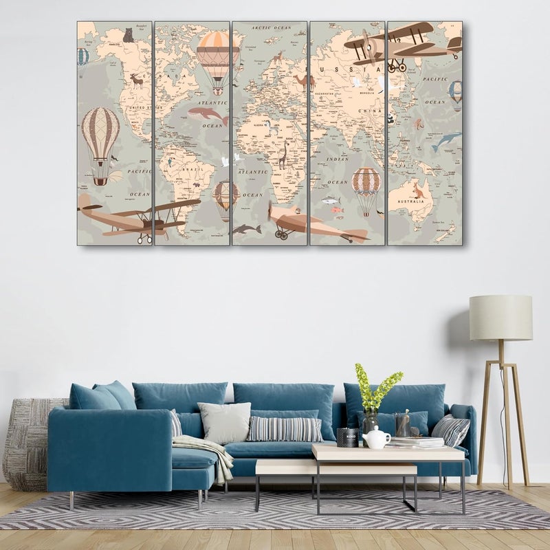 The Castle Decor World Map Compass Painting With Frame 5 Big Size Multiple Frames Wall Art Painting for Living Roombedroomdrawing Roomhotelswooden Frameddigital Painting 36x60 inch Multi1