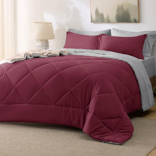 Bedsure Bedsure Queen Comforter Set  7 Pieces Reversible Burgundy Bedding Queen Size Bed Set for All Seasons Bed in a Bag with Down Alternative Comforter Sheets Pillowcases  Shams 