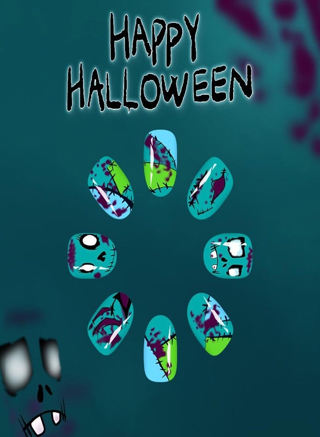 HJKDSFD Short Oval Press on Nails Halloween Fake Nails Light Green Acrylic Nails Funny Face Designs Patch Artificial Nails Glossy Full Cover Reusable Glue on Nails for Women Girls Nail Decorations 24Pcs - Image 4