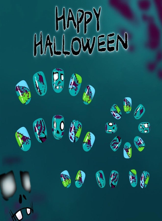 HJKDSFD Short Oval Press on Nails Halloween Fake Nails Light Green Acrylic Nails Funny Face Designs Patch Artificial Nails Glossy Full Cover Reusable Glue on Nails for Women Girls Nail Decorations 24Pcs - Image 3