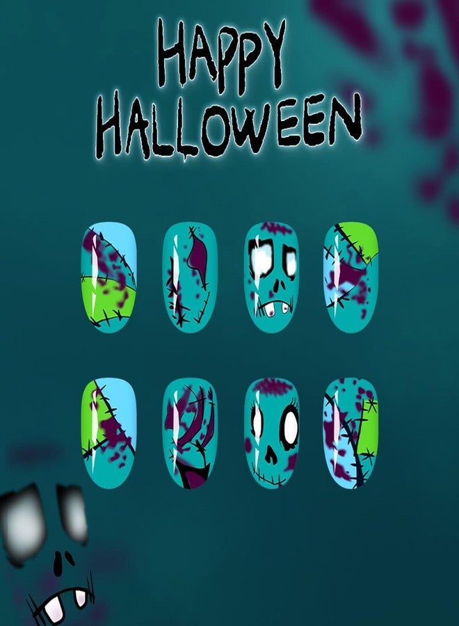 HJKDSFD Short Oval Press on Nails Halloween Fake Nails Light Green Acrylic Nails Funny Face Designs Patch Artificial Nails Glossy Full Cover Reusable Glue on Nails for Women Girls Nail Decorations 24Pcs - Image 5