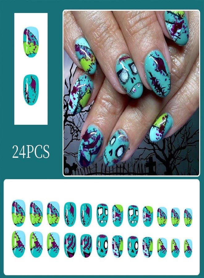 HJKDSFD Short Oval Press on Nails Halloween Fake Nails Light Green Acrylic Nails Funny Face Designs Patch Artificial Nails Glossy Full Cover Reusable Glue on Nails for Women Girls Nail Decorations 24Pcs - Image 2