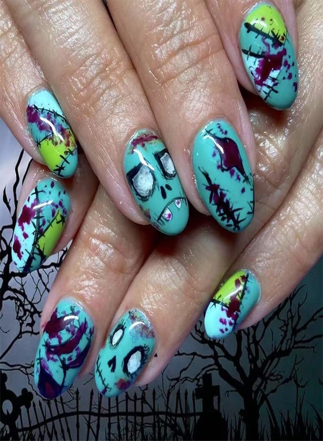 HJKDSFD Short Oval Press on Nails Halloween Fake Nails Light Green Acrylic Nails Funny Face Designs Patch Artificial Nails Glossy Full Cover Reusable Glue on Nails for Women Girls Nail Decorations 24Pcs - Image 1