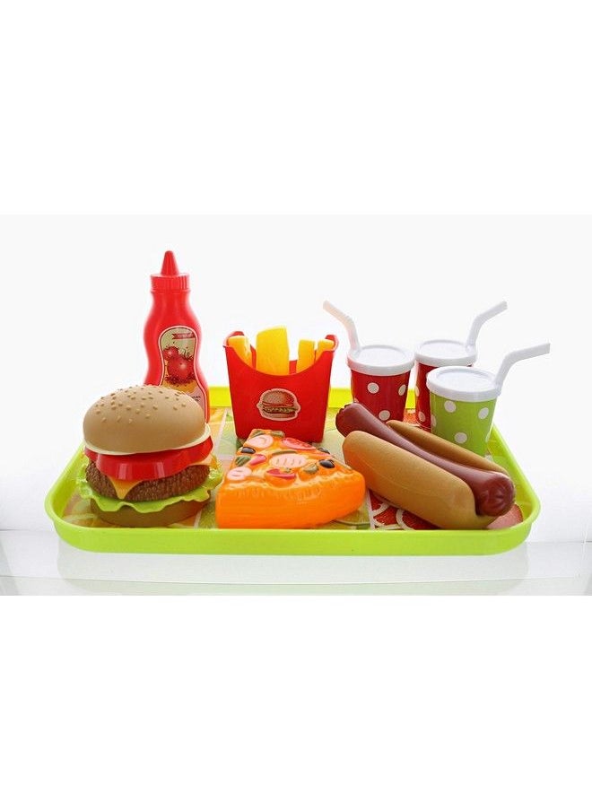 GiftExpress ® Burger Hot Dog And Pizza Fast Food Cooking Play Set For Kids With Hamburger Fries Hot Dog Pizza Coke Ketchup And Tray  - Image 2