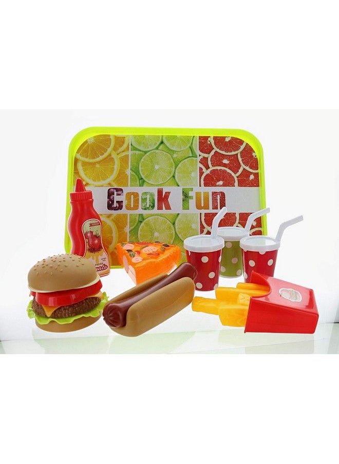 GiftExpress ® Burger Hot Dog And Pizza Fast Food Cooking Play Set For Kids With Hamburger Fries Hot Dog Pizza Coke Ketchup And Tray  - Image 3