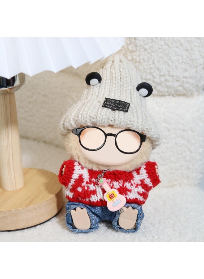 Bukela 17cm Doll Clothes 5 Pieces - Kawaii Chic Style Set for 17cm Dolls, Cute Doll Outfit with Accessories - Grey Bear Ears Hat + Red Sweater + Blue Jeans + Glasses (NO Doll)  - Image 1