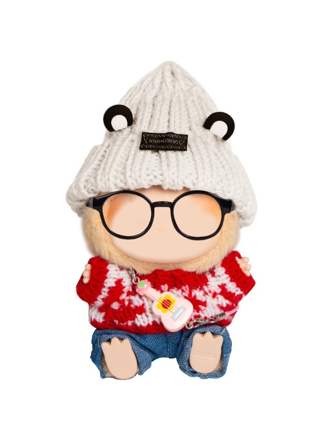 Bukela 17cm Doll Clothes 5 Pieces - Kawaii Chic Style Set for 17cm Dolls, Cute Doll Outfit with Accessories - Grey Bear Ears Hat + Red Sweater + Blue Jeans + Glasses (NO Doll)  - Image 3