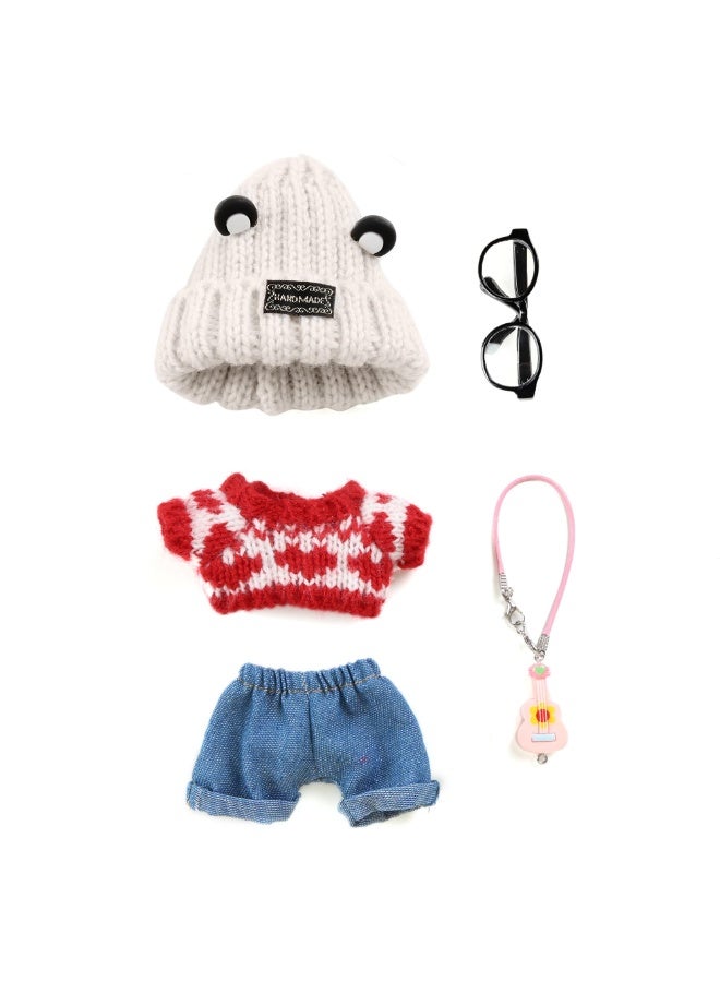 Bukela 17cm Doll Clothes 5 Pieces - Kawaii Chic Style Set for 17cm Dolls, Cute Doll Outfit with Accessories - Grey Bear Ears Hat + Red Sweater + Blue Jeans + Glasses (NO Doll)  - Image 4