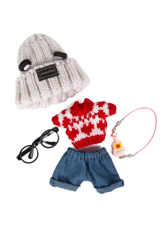 Bukela 17cm Doll Clothes 5 Pieces - Kawaii Chic Style Set for 17cm Dolls, Cute Doll Outfit with Accessories - Grey Bear Ears Hat + Red Sweater + Blue Jeans + Glasses (NO Doll)  - Image 2