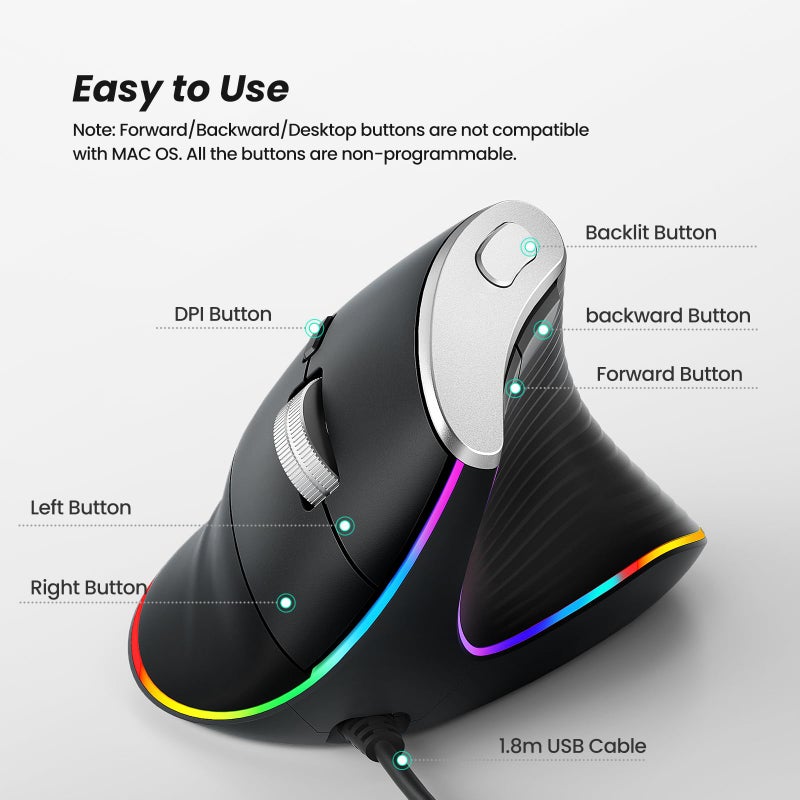 Nulea M504 Wired Vertical Mouse, USB Optical Ergonomic Mouse Wired with 4 Adjustable DPI, 11 RGB Backlight Modes, Compatible for Laptop, PC, Desktop, Mac, Black - Image 4