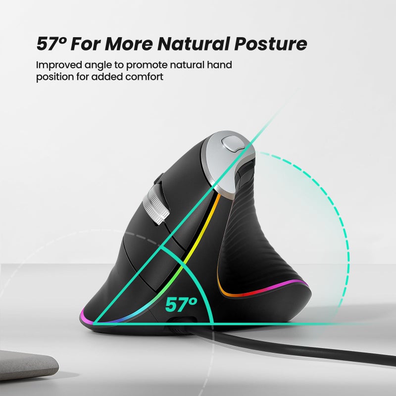 Nulea M504 Wired Vertical Mouse, USB Optical Ergonomic Mouse Wired with 4 Adjustable DPI, 11 RGB Backlight Modes, Compatible for Laptop, PC, Desktop, Mac, Black - Image 3