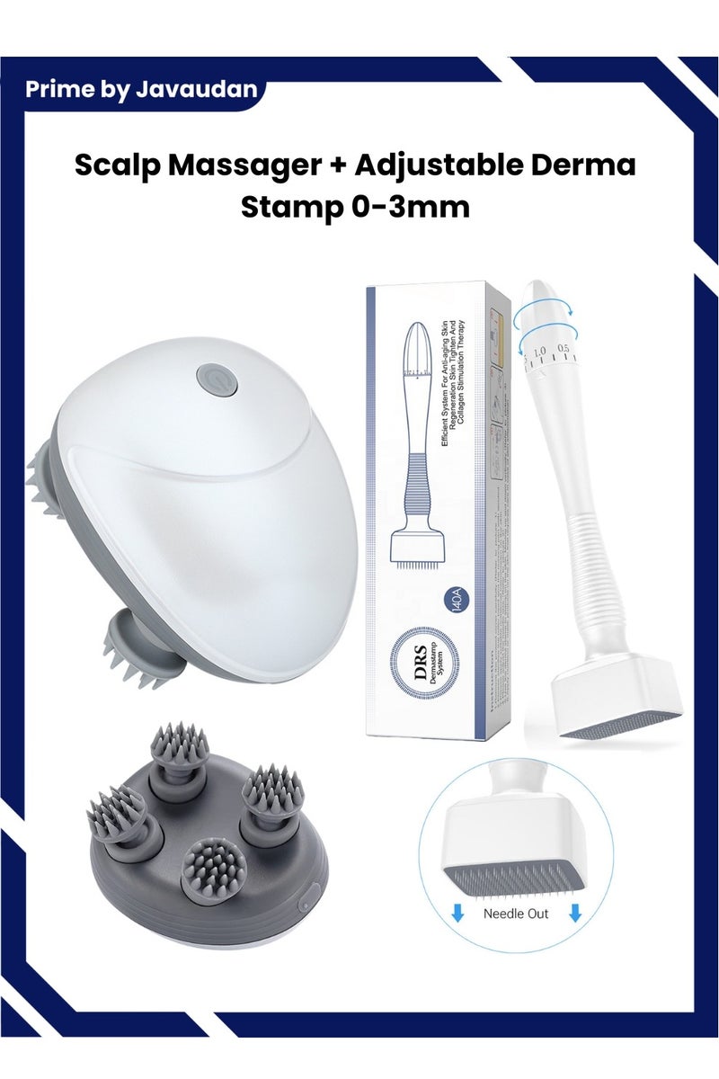برايم بي جافاودان مجموعة مدلك فروة الرأس وختم ديرما القابل للتعديل – مدلك كهربائي للرأس مزوّد بـ4 رؤوس سيليكون، مقاوم للماء وقابل لإعادة الشحن + ختم ميكرونيدل بـ140 رأس تيتانيوم للوجه، نمو الشعر والعناية بالبشرة - Image 1