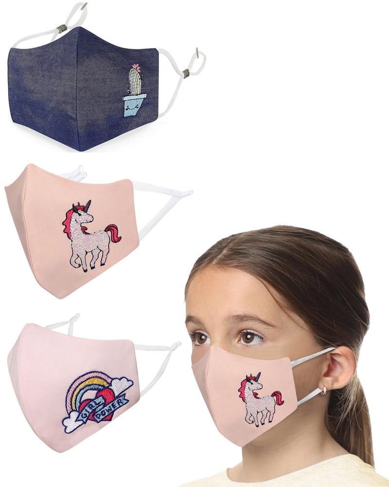 MASQ Special_Power 4 Layer, Anti-Pollution Reusable, with Lanyard & Ear Adjusters, Anti-Bacterial, BFE>99% Embroidered Cotton Cloth Face Mask for Kids (Pack of 3, - Image 1