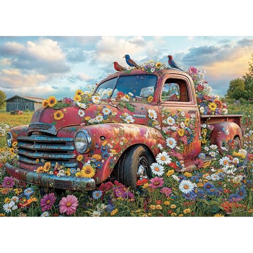 lamplig Puzzles for Adults 1000 Pieces Jigsaw Puzzles Vintage Red Cars and Blooms 1000 Piece Puzzles with Letters on Back Puzzle for Fun Game Nights 276x205 inch 11 Poster - Image 1