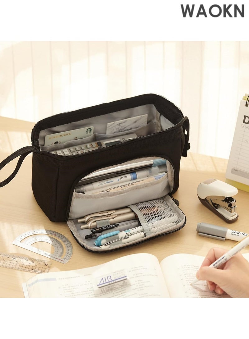 دبليو أيه أو كي أن حافظة أقلام فاخرة كبيرة السعة - حقيبة تنظيم أقلام متعددة الجيوب وواسعة للغاية للمدرسة والجامعة والمكتب والسفر - حامل أنيق ومتين بسحاب للأقلام وأقلام التحديد ومستحضرات التجميل ولوازم الرسم - هدية مثالية للطلاب والمراهقين والأولاد والبنات والرجال والنساء (أسود) - Image 1