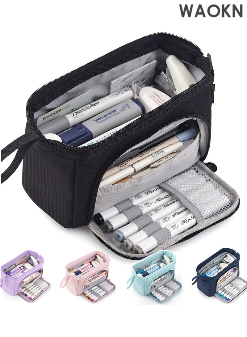 دبليو أيه أو كي أن حافظة أقلام فاخرة كبيرة السعة - حقيبة تنظيم أقلام متعددة الجيوب وواسعة للغاية للمدرسة والجامعة والمكتب والسفر - حامل أنيق ومتين بسحاب للأقلام وأقلام التحديد ومستحضرات التجميل ولوازم الرسم - هدية مثالية للطلاب والمراهقين والأولاد والبنات والرجال والنساء (أسود) - Image 2