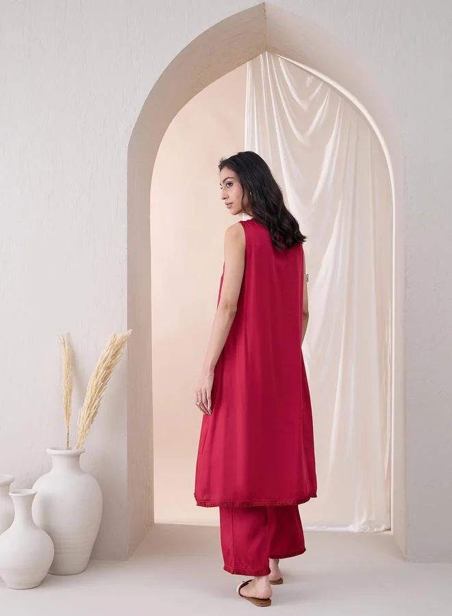 Femmella Femmella Sleeveless Mandarin Collar Long Kurta with Straight Pant