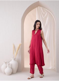 Femmella Sleeveless Mandarin Collar Long Kurta with Straight Pant by Styli  - Image 5