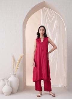 Femmella Sleeveless Mandarin Collar Long Kurta with Straight Pant by Styli  - Image 1