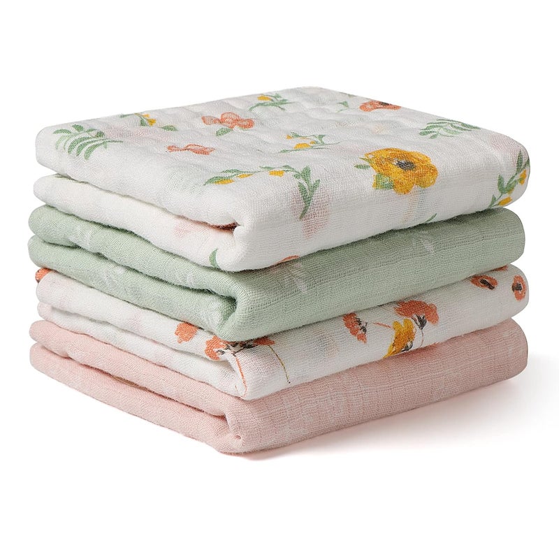softan lasoftan Baby Muslin Burp Cloths 100 Cotton Burping Cloths Super Absorbent Soft Bath Towel Burp Cloths for Baby Girl Boy Great Gift for Newborn 10 x 20 inch 4 Pack Leaves  Flowers - Image 1