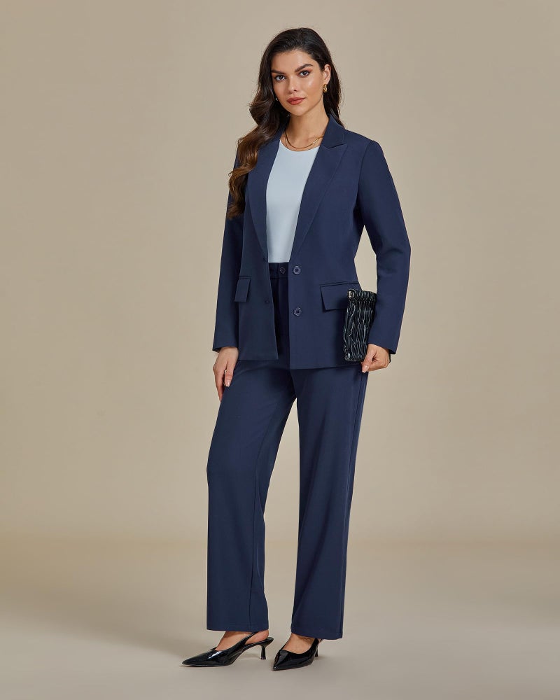 LookbookStore 2 Piece Pants Set for Women Dressy Casual Business Suits Palazzo Pants Navy Blue Size Medium - Image 4