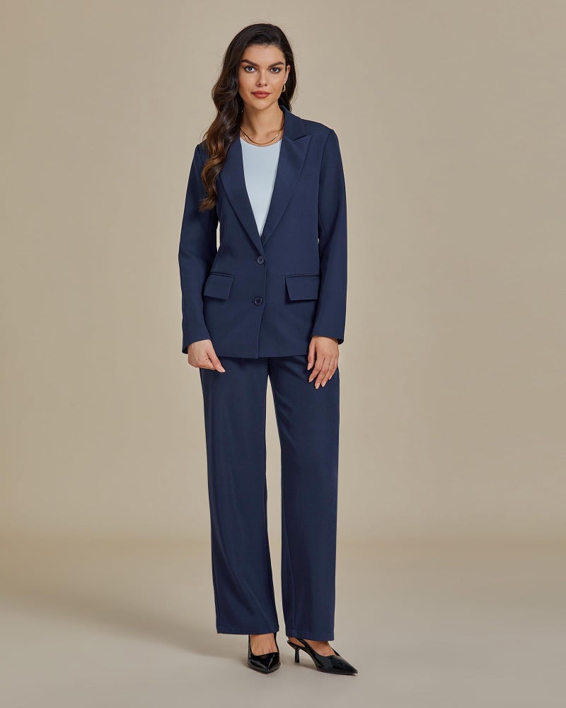 LookbookStore 2 Piece Pants Set for Women Dressy Casual Business Suits Palazzo Pants Navy Blue Size Medium - Image 3