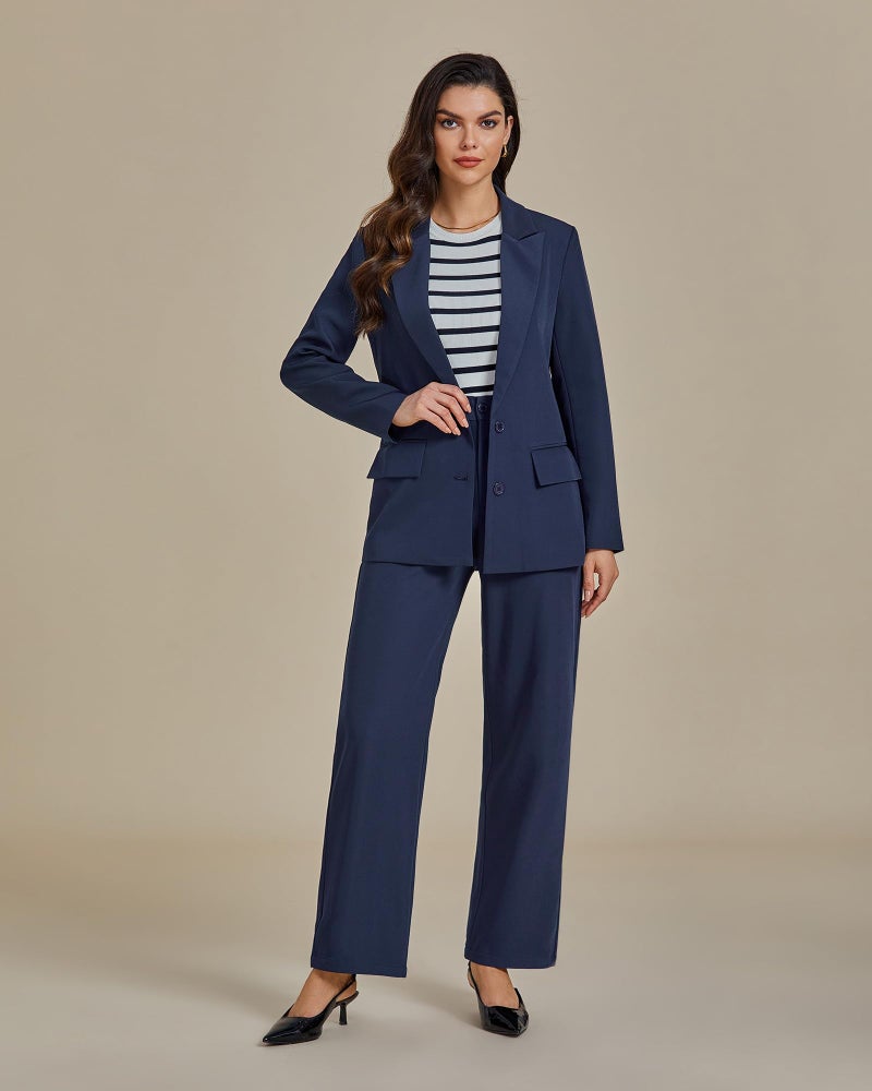 LookbookStore 2 Piece Pants Set for Women Dressy Casual Business Suits Palazzo Pants Navy Blue Size Medium - Image 5