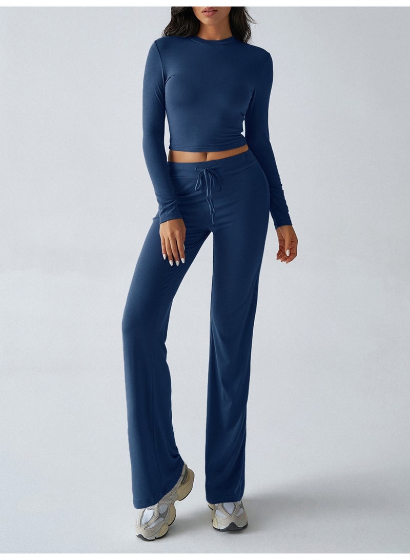 Meilun Navy Blue Long - Sleeve Crop Top and Flare Pants Set - Image 1