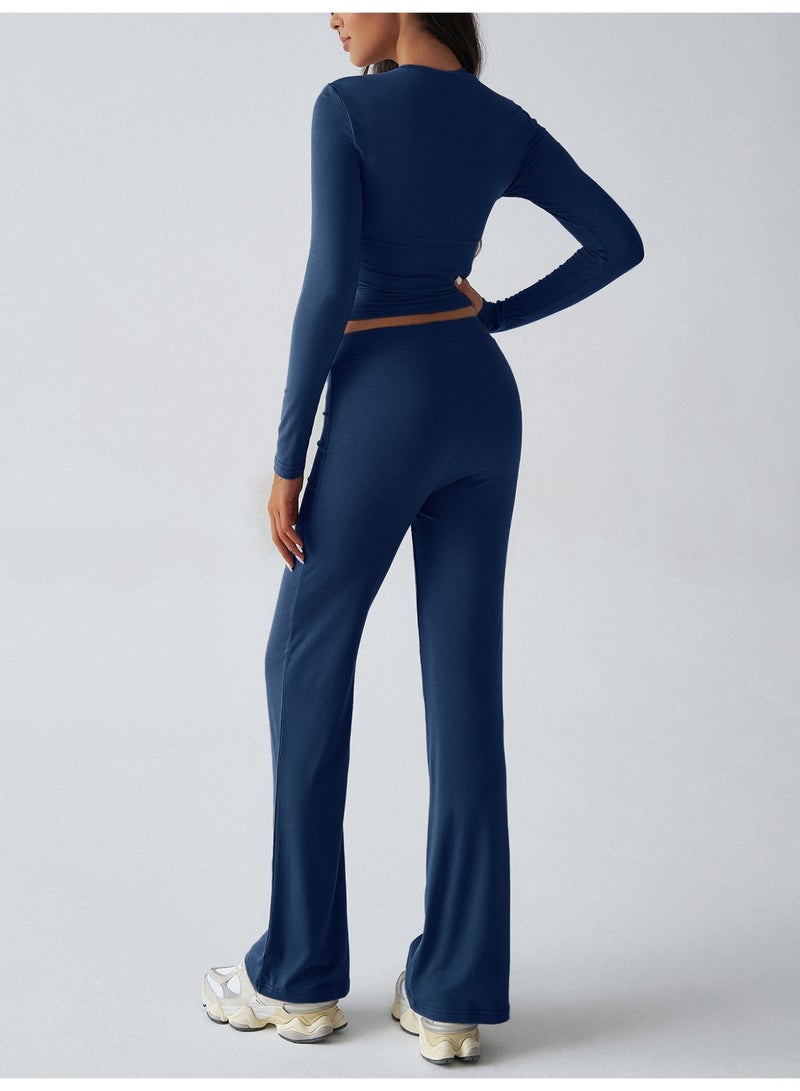 Meilun Navy Blue Long - Sleeve Crop Top and Flare Pants Set - Image 3
