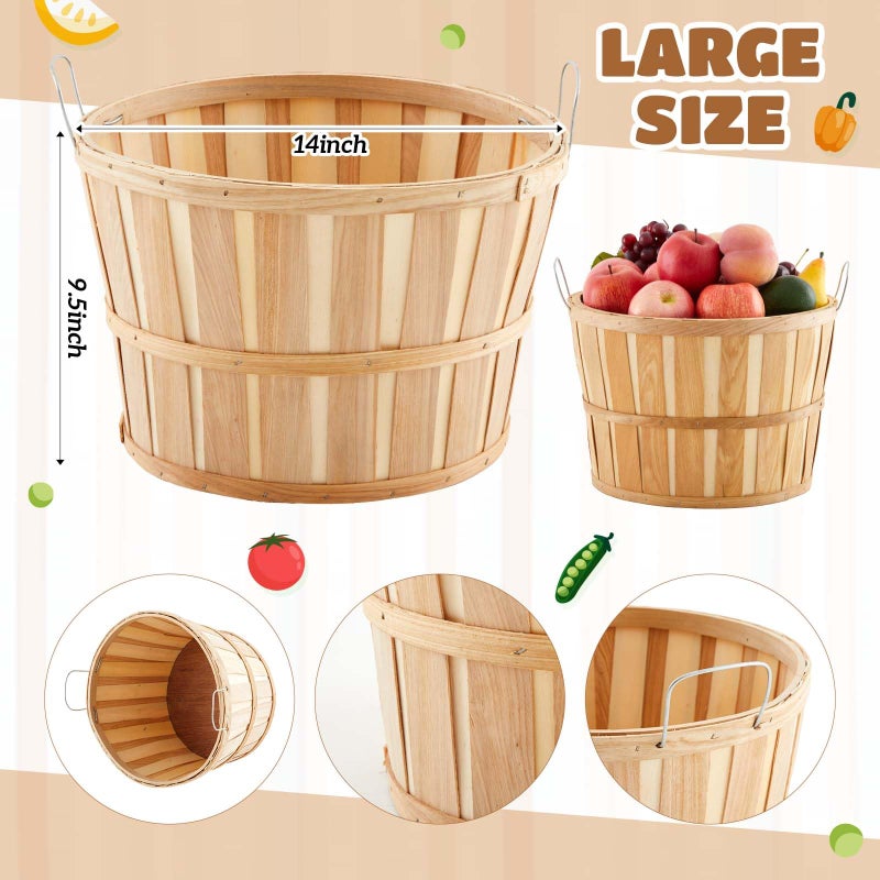 Marsui 6 Pcs Jumbo Half Bushel Baskets, 14 x 9.5 Inch Large Round Wooden Apple Basket with Handles Handcrafted Produce for Farmers Market Harvest Fruit Plants or Commercial Use - Image 2
