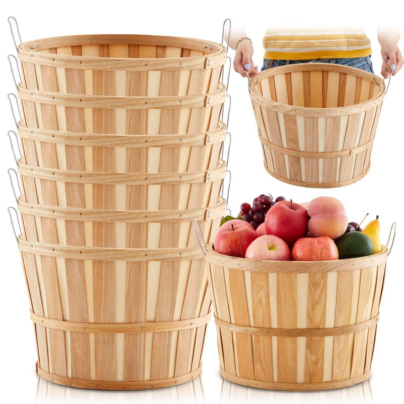 Marsui 6 Pcs Jumbo Half Bushel Baskets, 14 x 9.5 Inch Large Round Wooden Apple Basket with Handles Handcrafted Produce for Farmers Market Harvest Fruit Plants or Commercial Use - Image 1