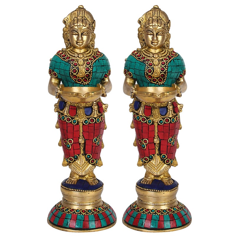 ARTVARKO ARTVARKO Brass Deep Laxmi Pair Set of Two for Home Entrance Dcor Puja Room Devi Meenakshi Diya Lady Holding Oil Lamp Diwali Gift Multicolor Stone Decoration Height 9 Inch  - Image 2