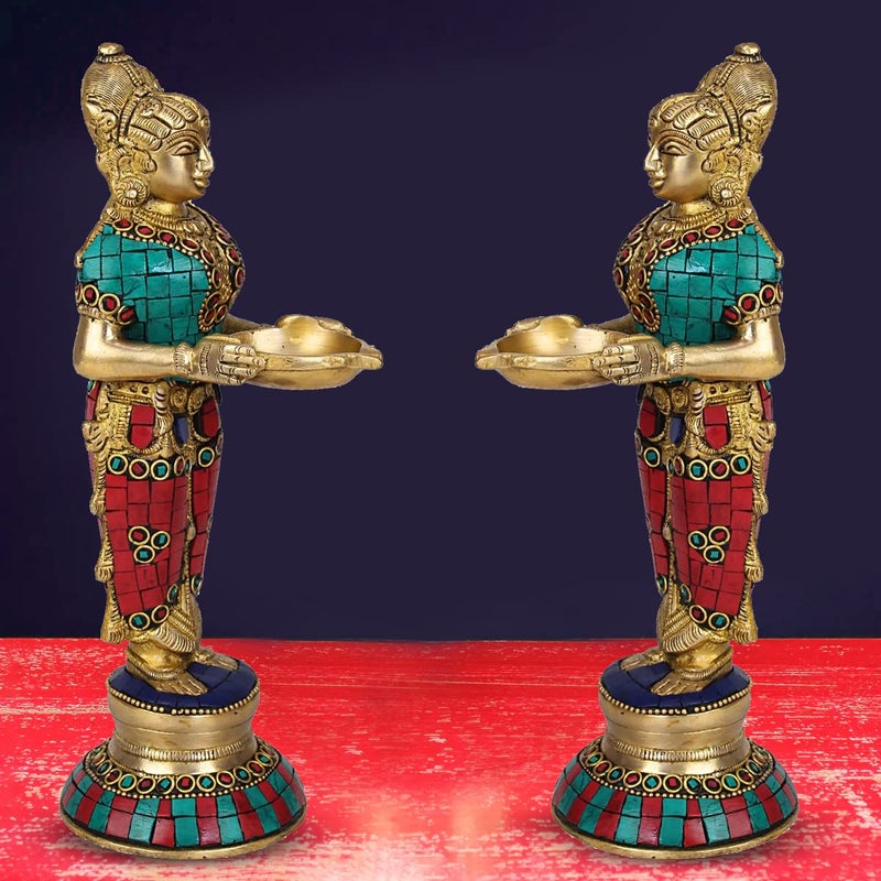 ARTVARKO ARTVARKO Brass Deep Laxmi Pair Set of Two for Home Entrance Dcor Puja Room Devi Meenakshi Diya Lady Holding Oil Lamp Diwali Gift Multicolor Stone Decoration Height 9 Inch  - Image 1