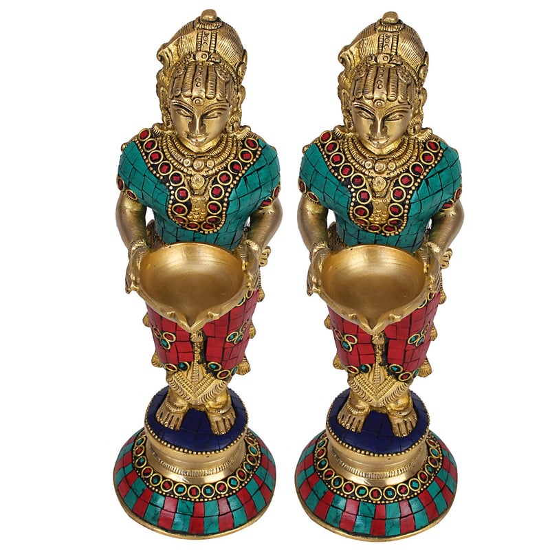 ARTVARKO ARTVARKO Brass Deep Laxmi Pair Set of Two for Home Entrance Dcor Puja Room Devi Meenakshi Diya Lady Holding Oil Lamp Diwali Gift Multicolor Stone Decoration Height 9 Inch  - Image 4