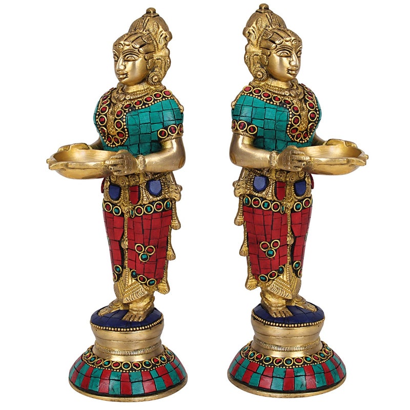 ARTVARKO ARTVARKO Brass Deep Laxmi Pair Set of Two for Home Entrance Dcor Puja Room Devi Meenakshi Diya Lady Holding Oil Lamp Diwali Gift Multicolor Stone Decoration Height 9 Inch  - Image 3