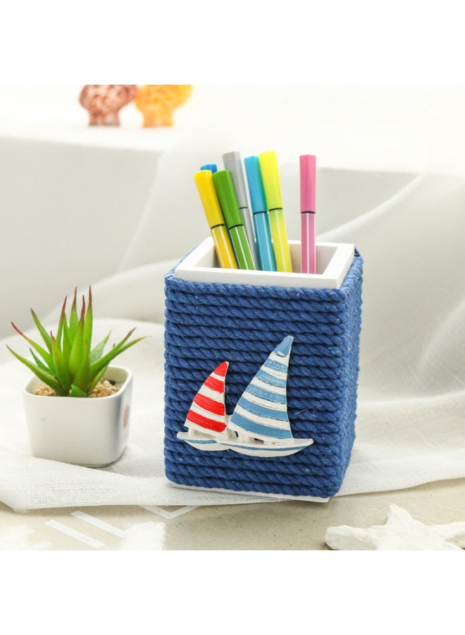 YINZUO Nautical Rope Pen Holder – Coastal Desk Organizer with Sailboat/Anchor/Seagull Decor – Beach Theme Office Pencil Cup - Image 1