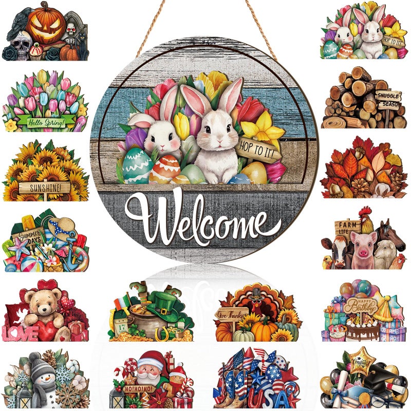 Yousoontic 17 Pcs 12 Inch Magnetic Welcome Door Sign Interchangeable Front Door Wreath Decor Rustic Seasonal Hanging Sign Easter Spring Decor for Home Warming Gift(Retro Color,Grain Welcome) - Image 1