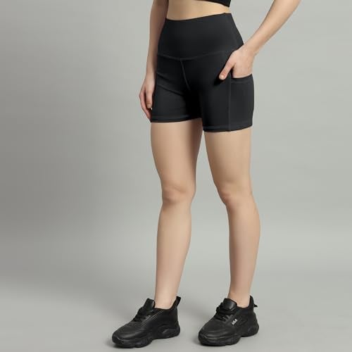 Mehrang High Waist Workout Shorts for Women, Midnight Sky, Bike Shorts with Elastic Waistband and Pockets, (S, Black) - Image 4
