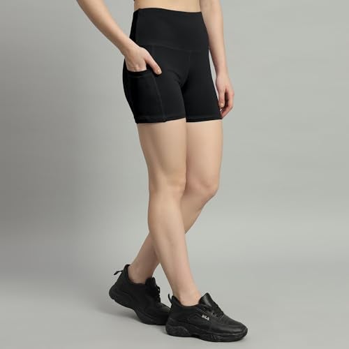 Mehrang High Waist Workout Shorts for Women, Midnight Sky, Bike Shorts with Elastic Waistband and Pockets, (S, Black) - Image 3