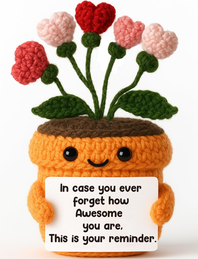 MAMAGIFTREE Crochet Heart Flower Plush â€“ You Are Awesome Reminder â€“ Encouragement Gift for Women, Friends, Coworkers â€“ Cute Knitted Desk Decor for Emotional Positivity Birthday Farewell Goodbye Retirement - Image 1