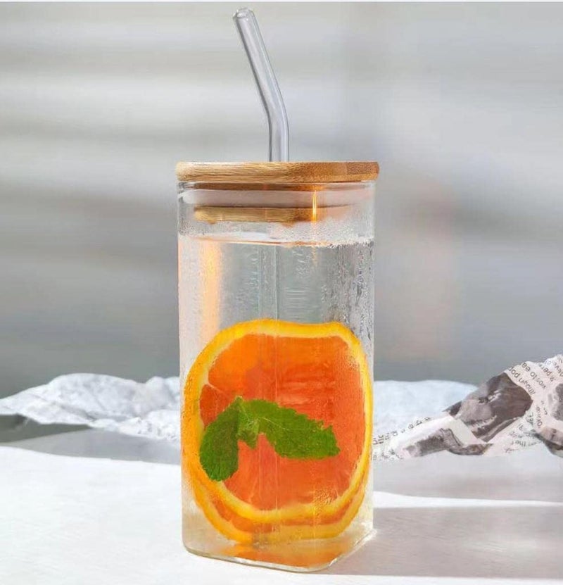 CQZ Glass Sipper with Wooden Lid and StrawCoffee Mug with Lid Use as a Travel Mug Mason Jar Can Sipper Juice Cup - Image 1