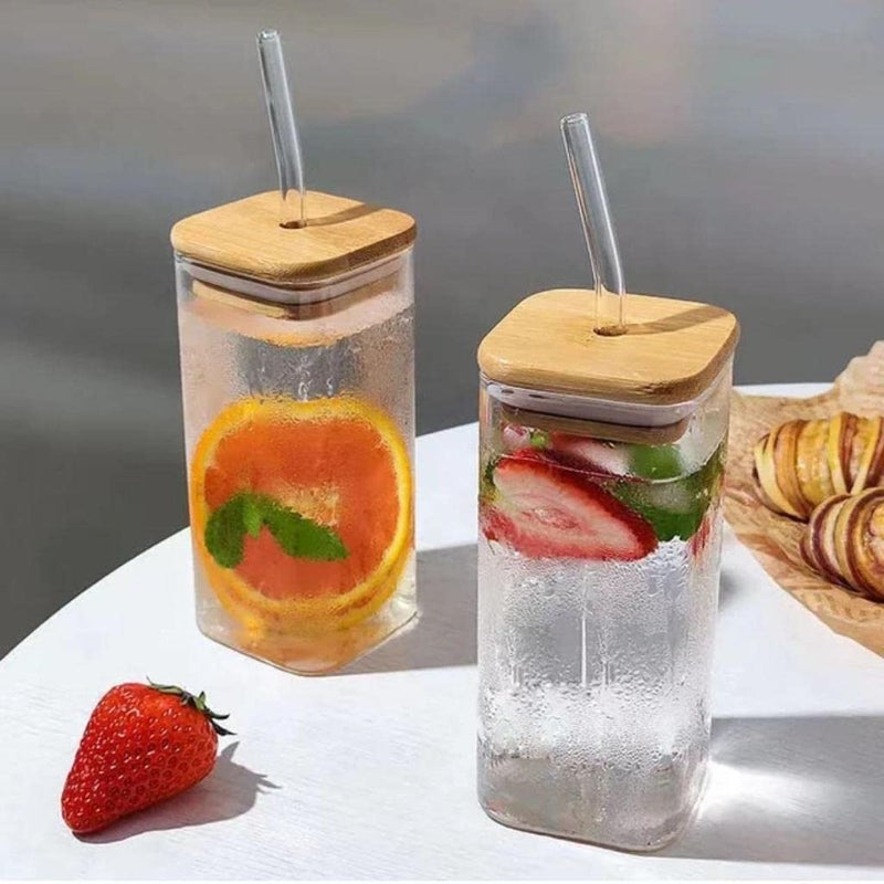 CQZ Glass Sipper with Wooden Lid and StrawCoffee Mug with Lid Use as a Travel Mug Mason Jar Can Sipper Juice Cup - Image 2