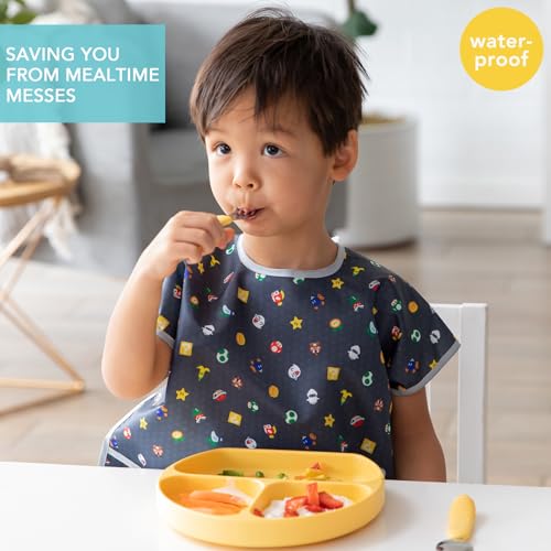 Bumkins Short Sleeve Bib for Girl or Boy, Toddler and Kids for 1-3 Years, Large Size, Essential Must Have for Junior Children, Eating, Mess Saving Soft Fabric Apron for Play, Nintendo Super Mario - Image 2