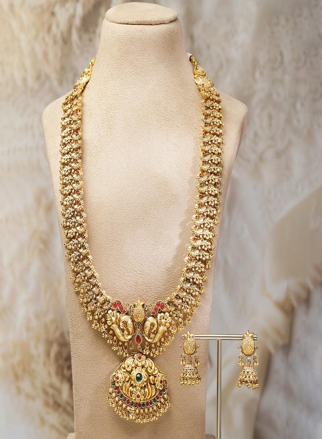 Rubans 22K Gold-Plated Brass Long Temple Jewellery Set with Lakshmi & Peacock Motifs Ruby Red & Emerald Green Stone Detailing and Earrings for Women & Girls - Perfect for Bridal & Festive Styling - Image 2