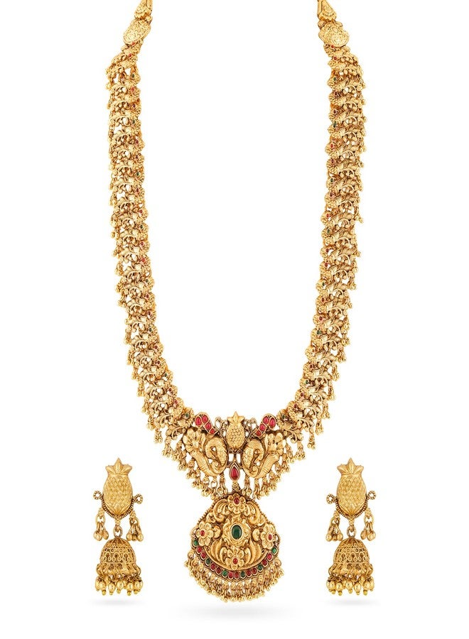 Rubans 22K Gold-Plated Brass Long Temple Jewellery Set with Lakshmi & Peacock Motifs Ruby Red & Emerald Green Stone Detailing and Earrings for Women & Girls - Perfect for Bridal & Festive Styling - Image 1