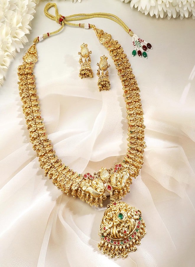 Rubans 22K Gold-Plated Brass Long Temple Jewellery Set with Lakshmi & Peacock Motifs Ruby Red & Emerald Green Stone Detailing and Earrings for Women & Girls - Perfect for Bridal & Festive Styling - Image 3