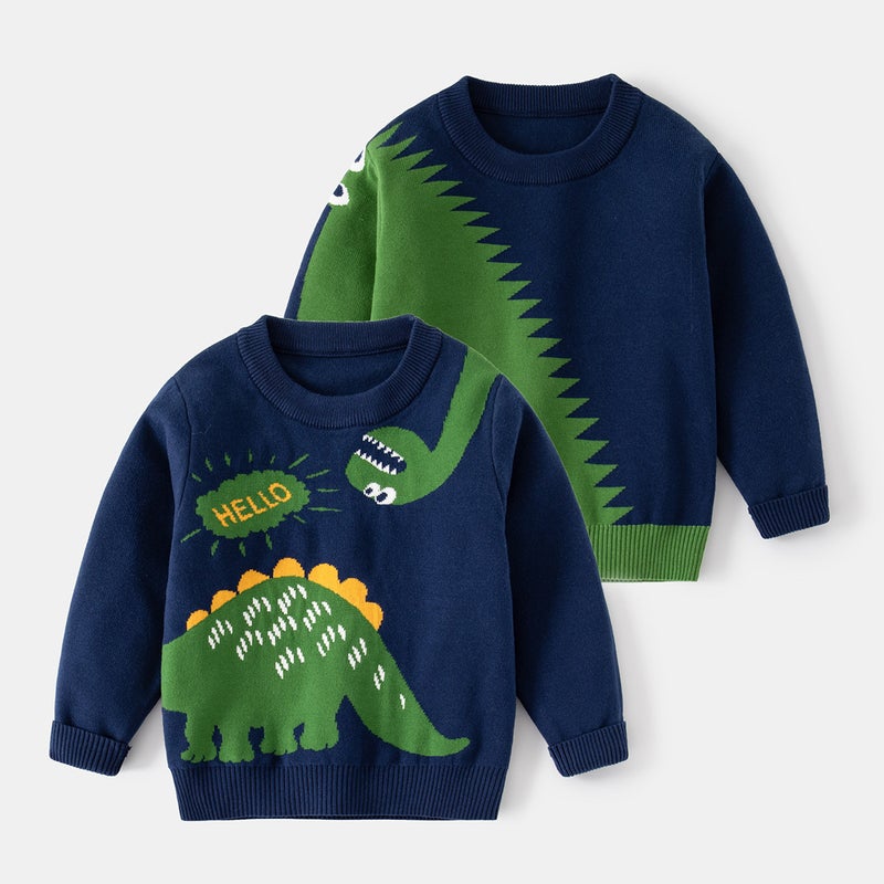 Korean Style Boys Spring & Fall Cartoon Cute Dinosaur Sweater Kidsren'S Wool Pullover Long-Sleeved Bottoming Knitted Round Neck Sweater - Image 2