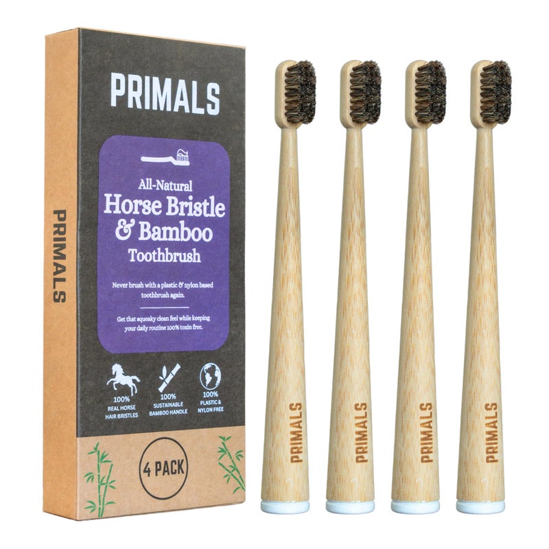 PRIMALS Horse Bristle & Bamboo Toothbrush (4-Pack) - Luxurious & Soft Horse Bristles - Fully Biodegradable - Plastic & Nylon Free - Quick Dry Design - Image 1