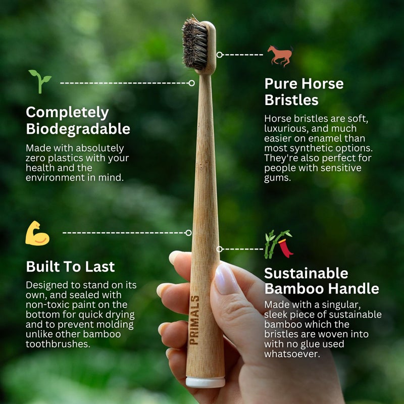 PRIMALS Horse Bristle & Bamboo Toothbrush (4-Pack) - Luxurious & Soft Horse Bristles - Fully Biodegradable - Plastic & Nylon Free - Quick Dry Design - Image 2